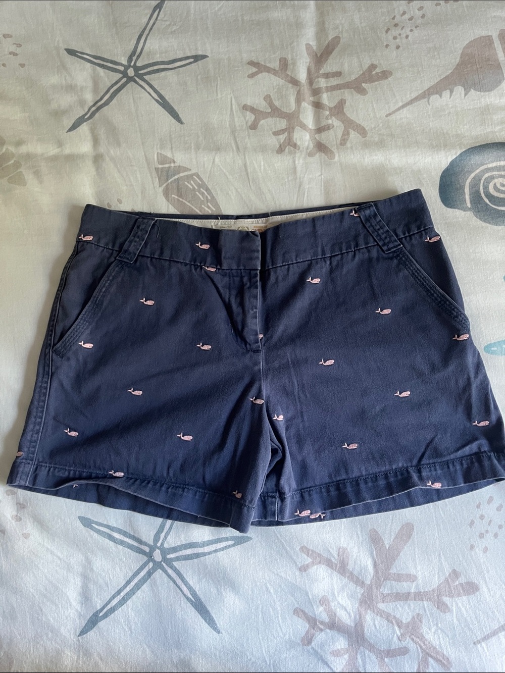 J. Crew Navy Chino Shorts with Pink Whale Embroidery